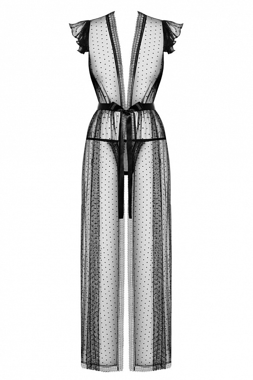 Восхитительный длинный полупрозрачный пеньюар с атласным поясом, фото 1