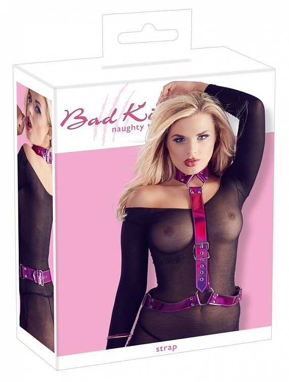 Неоново-розовая сбруя на шею и талию Bad Kitty Body Harness, фото 1